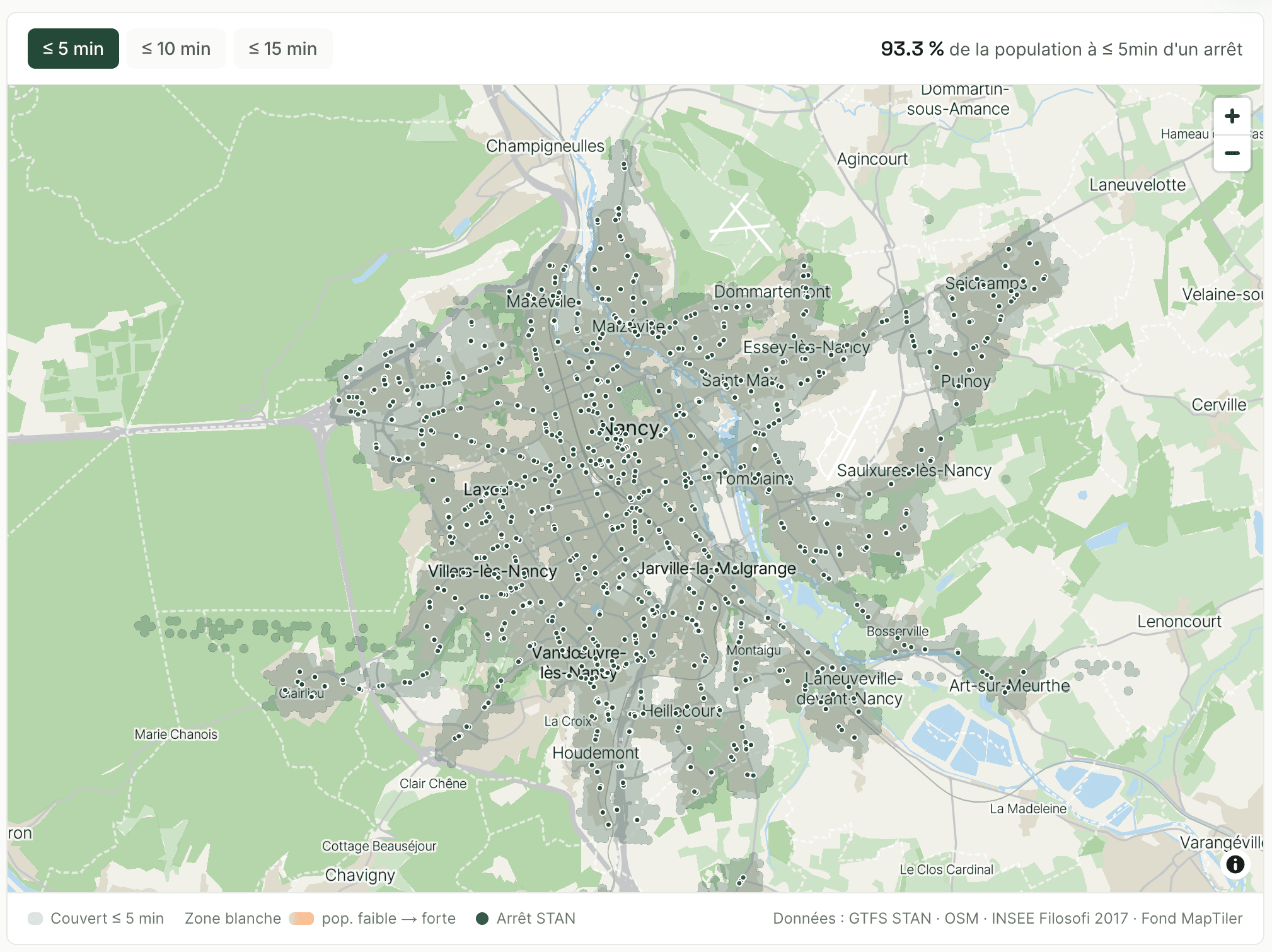 Carte d'accessibilité piétonne au réseau STAN — isochrones 5 minutes sur le Grand Nancy